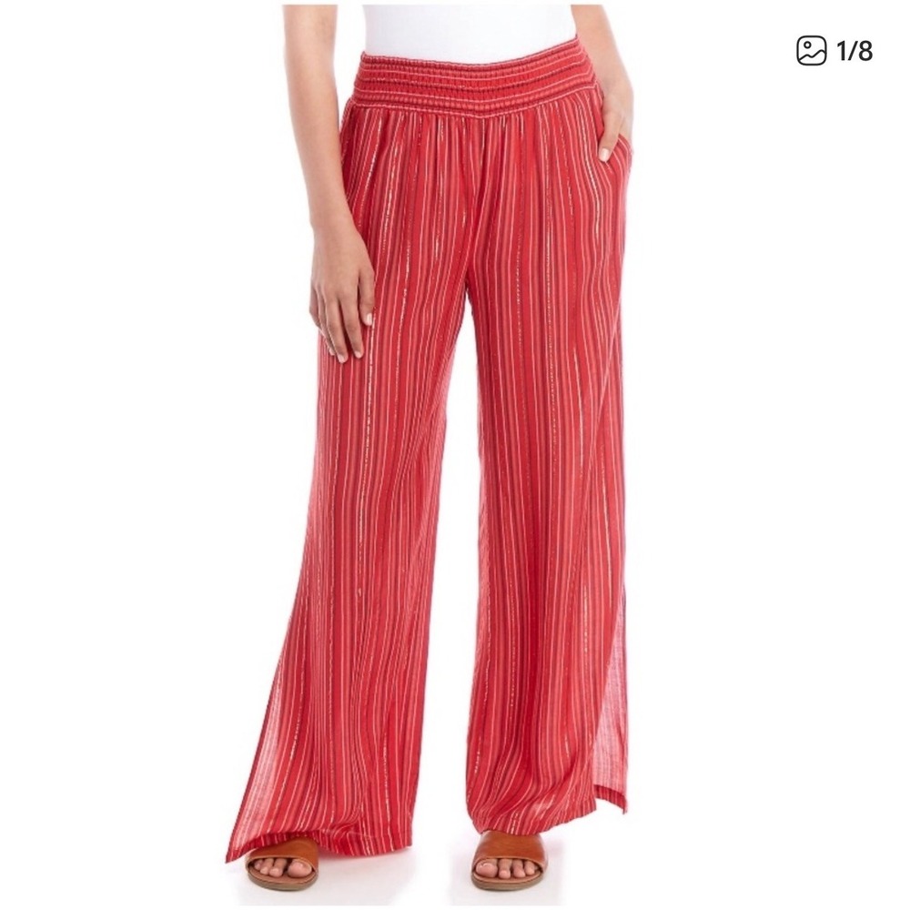 Wonderly Curvy Pink Red Metallic Striped Wide Leg Pants Size 0X/12W Boho  Flowy‎